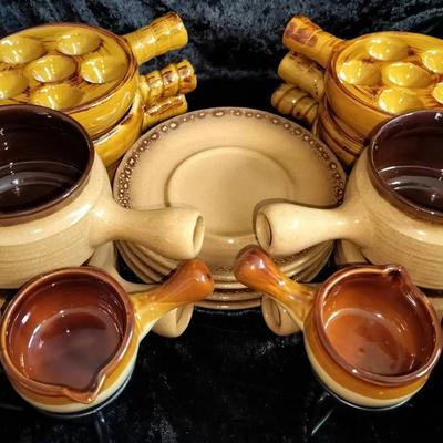 Ecanada Art Pottery French Onion Soup Bowls, Plates, Eacargot Dishes, & Taiwan Butter Warmers