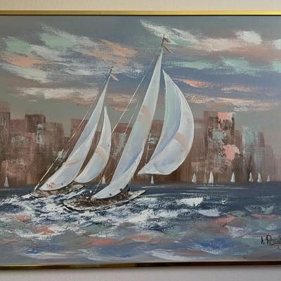 Large-Scale Acrylic On Canvas Sail Boat, Gold Framed Painting Signed By L. Rogers 