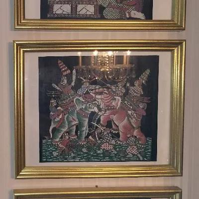 Thailand Hand-Painted Silk Vintage Framed Mythology, Musicians, Or Other Cultural Scenes.