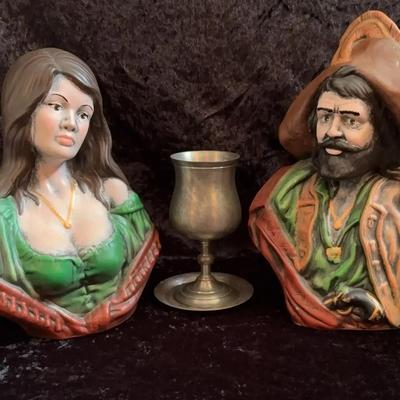 Ceramic Pirate Lady & Man Statues + Farmer Jones Glass Boot Drinking Mugs + Pewter Chalice