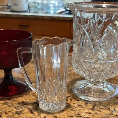 Red Hoosier Glass Compote, Shannon “Diane” Crystal Hurricane Vase & Blarney 24% Lead Crystal (6")