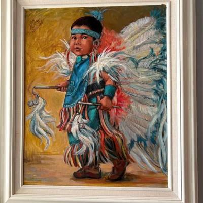 “Little Indian Boy" in Ceremonial Dress Signed Oil Painting – Native American Art