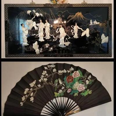 Chinese Black Lacquer Vintage Wall Panel With Mother of Pearl Inlay + Giant Folding Fan