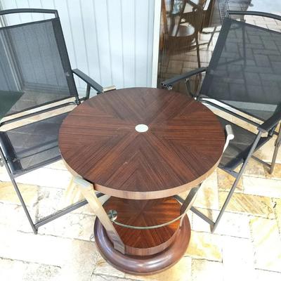3-Tier Glass & Wood Circular Table + 2 Black Folding Chairs