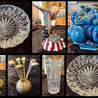 Lenox Eagle, Inarco “Mood Indigo” Candy Jar, Heavy Crystal Ashtrays, Brass Olive Picks ++