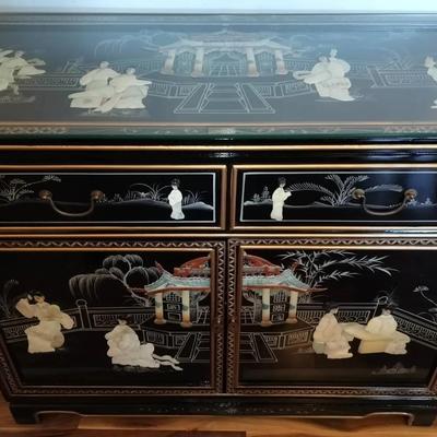 Black Lacquer Oriental Chinese Carved Buffet Cabinet w/ Mother of Pearl Inlays