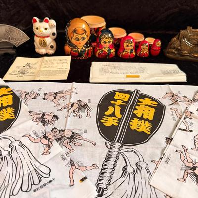 Asian Décor Lot – Wooden Nesting Dolls, Towels & Resin Art