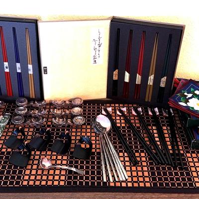 Japanese Vintage Dining Set – Chopsticks, Silver-Plated Spoons, Holders & Silk Napkins