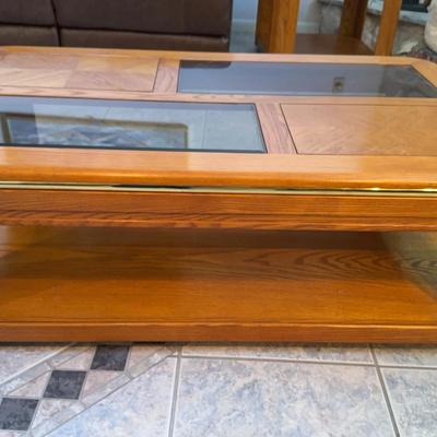 Rolling Wood & Glass Coffee Table on Casters