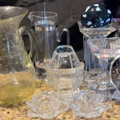 Crystal Décor Lot: 24% Leaded Crystal, Pair of Martini Pitchers, Crackle-Glass Pitcher & More