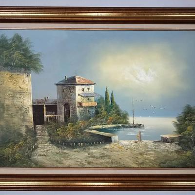 Coastal Village Oil Painting – Signed by Harold (43" x 30")