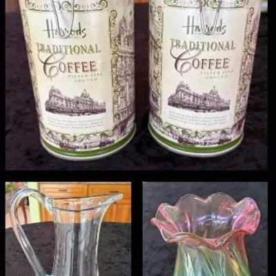 Mikasa Pear-Shaped Pitcher, Teleflora Murano-Style Glass Vase, & Vintage Harrod Coffee Tins