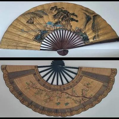 Chinese Hand Painted Paper 80" Giant Wood Vintage Folding Fan + Large Asian Folding Fan