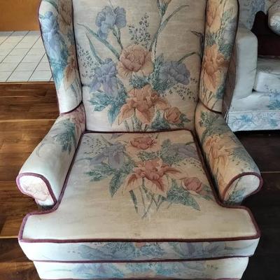 Floral Patterned Upholstered Vintage Wingback Chair