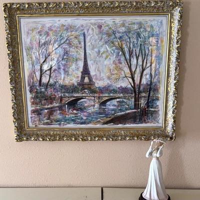 Framed Paris Eiffel Tower Watercolor Painting + 1986 Arnart Imports “Lady in Pink Dress” Figurine