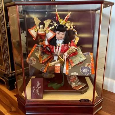 Japanese Samurai Warrior Doll in Glass Display Case – Handcrafted with Ornate Details