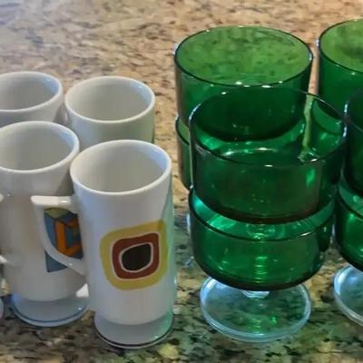 Set of 6 Vintage Japanese Mod Op Art Espresso Cups + 8 Luminarc “Caviar” Emerald Green Pedestal Dish