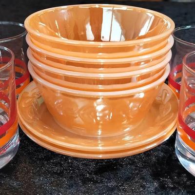 MCM Pierre Cardin Lowball Glasses + Anchor Hocking Fire King Peach Luster Set – 4 Bowls & 2 Plates