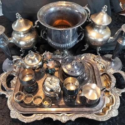 Vintage Silverplate Serving Set w/ Trays, Pots, Cups, Candlesticks & Mother of Pearl Napkin Rings