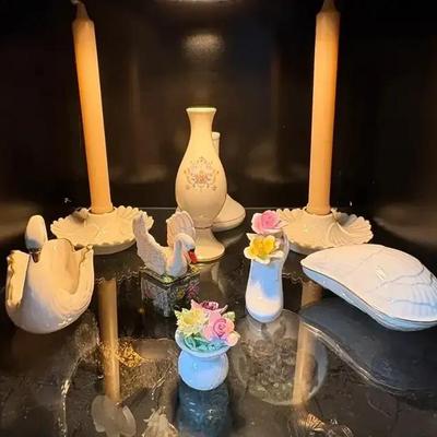 Lenox Porcelain Lot – Candle Holders & Swan, Covered Shell Dish; Royal Doulton Mini Vase; Radnor