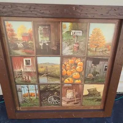 Vintage Homco Home Interiors Window Pane Picture Rustic Autumn Farm