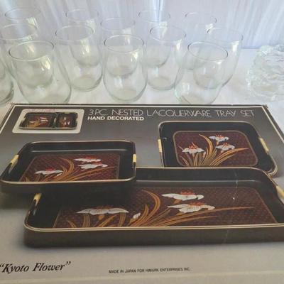 Stemless Wine Glasses, Crystal Bowl & 3pc Nested Lacquerware Tray Set