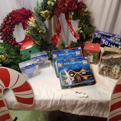 Wreaths, Vintage Candy Cane Yard Signs, Icicle Lights,  Nativity Scene