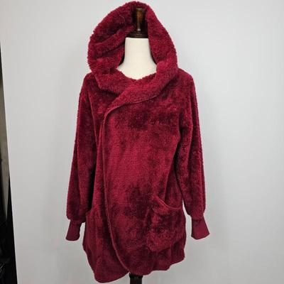 Lot #B103 - Zenana Outfitters Wine Red Faux Fur Sherpa Fleece Hooded Teddy Jacket Women's Size Small