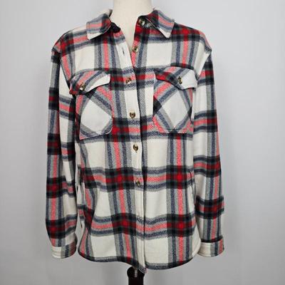 Lot #B95 - Sage Collective Women's Medium Long Sleeve Plaid Sherpa Lined Fleece Shirt Jacket with Pockets Red