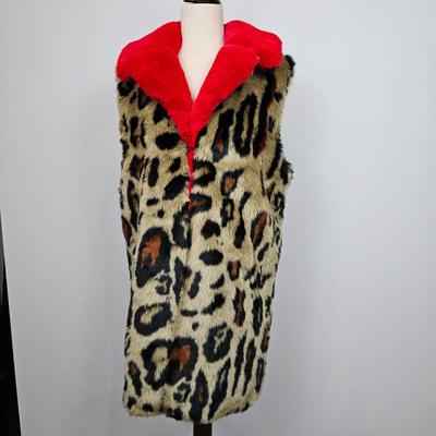 Lot #B82 - Leopard Print Faux Fur Vest With Red Collar Women's One Size