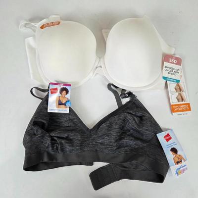Lot #B139 - NWT Warners 36D Underwire Bra & Hanes Comfy Support Women's Convertible Wireless T-Shirt Bra Size Large