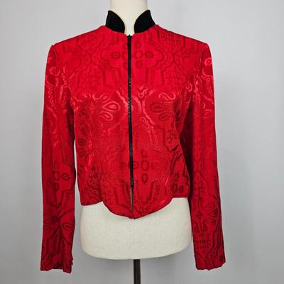 Lot #B63 - Vintage Jessica Howard Red Damask Jacquard Jacket with a Black Velvet Mandarin Collar Size 8