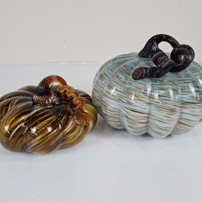 A Lot #B10 - Blue and Brown Swirl Art Glass Pumpkin Sculptures