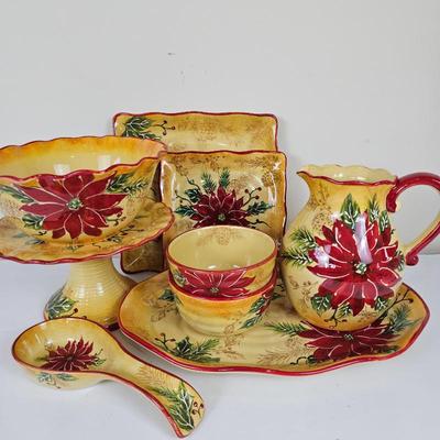 A Lot #B24 - Maxcera "Honey Poinsettia" Dinnerware Serving Platters Bowls Stands Pitcher