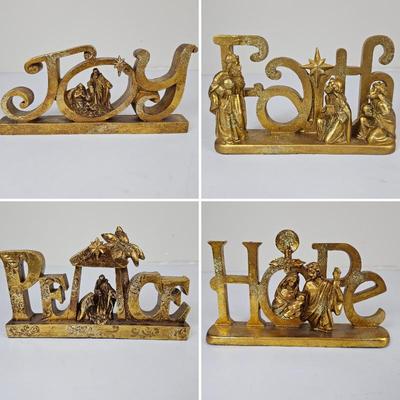 A Lot #B20 - Gold Toned Decorative Plaques - Joy, Faith, Peace, Hope - Christmas Nativity