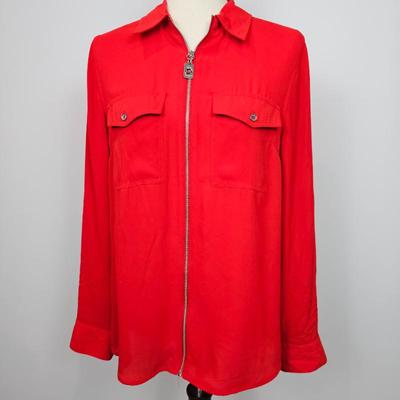 Lot #B118 - Michael Kors: Red Full Zip-Up Shirt, Navy Blue 1/4 Zip Blouse, & Cowl Neck Shimmer Sweater Women's Size Small