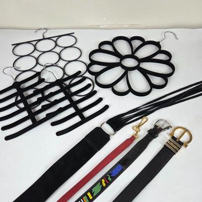 Lot #B141 - Scarf Belt Tie Hangers Plus 4 Leather Belts