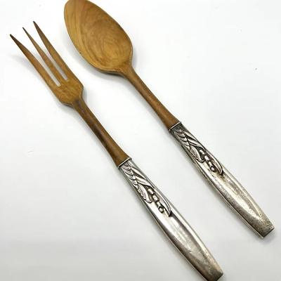 Sterling Silver Wooden Serving Spoon & Fork Set
