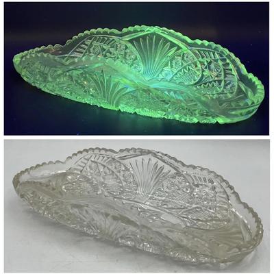 11” Clear Cut Glass Dish with Green Ultraviolet Glow