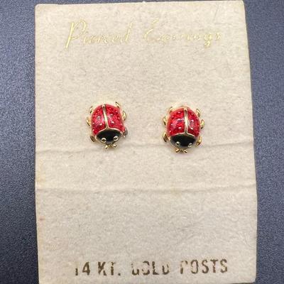 Ladybug Earrings on Jewelry Display Card Reading, “14K Gold Posts”
