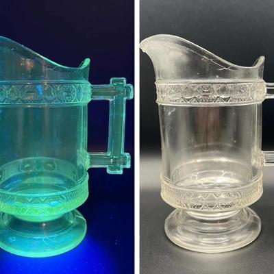 EAPG Doyle & Co. Clear Glass Footed Carafe with Green Ultraviolet Glow