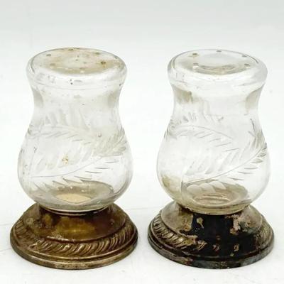 (2) Sterling Silver & Etched Glass Vintage Salt & Pepper Shakers