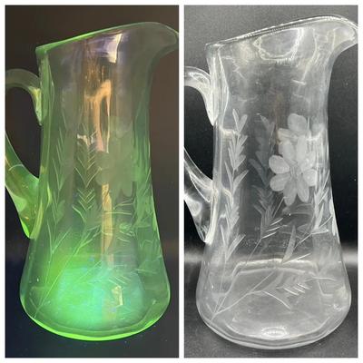 Etched Glass Pitcher — Glows Green in Ultraviolet Light