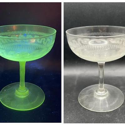 Etched Glass Stemware — Glows Green in Ultraviolet Light