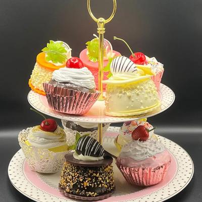 Grace Teaware Fine Porcelain Two Tier Cupcakes Display & Faux Cupcakes