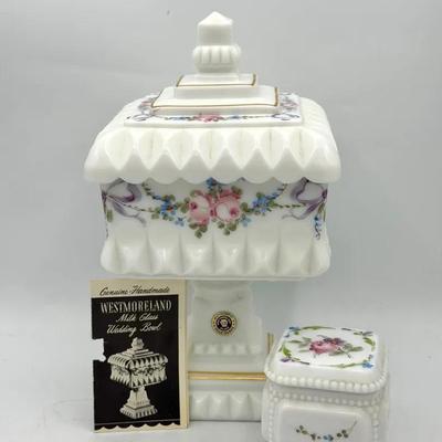 Stickered Westmoreland milk glass Wedding Box & Milk Glass Trinket Box