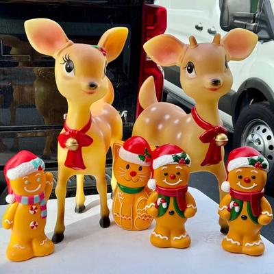 (6) Christmas Blow Mold Lot — Reindeer, Gingerbread Figures & Cat