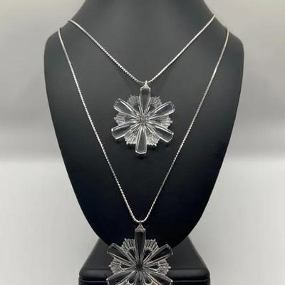 (2) Gorham Crystal Snowflake Pendant Necklaces in Gorham Tarnish Resistant Pouch
