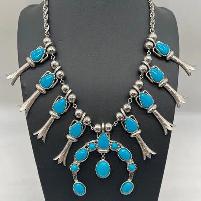 Bold Silver Tone Faux Turquoise Squashbottom-Style Necklace