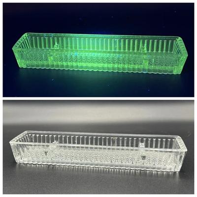 Art Deco Knife Rest or Pen Tray — Clear Glass with Green Ultraviolet Glow
